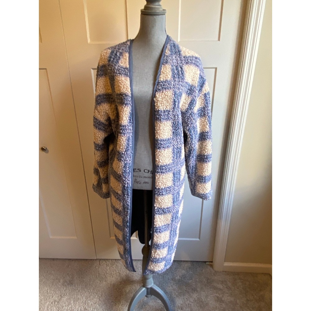 Listicle Cardigan Lagenlook Sherpa Blue White Squares Pockets Medium r2